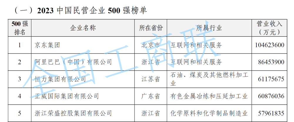 国内公司排行_“2023中国民营企业500强”榜单发布:京东、阿里、恒力位居前三,...