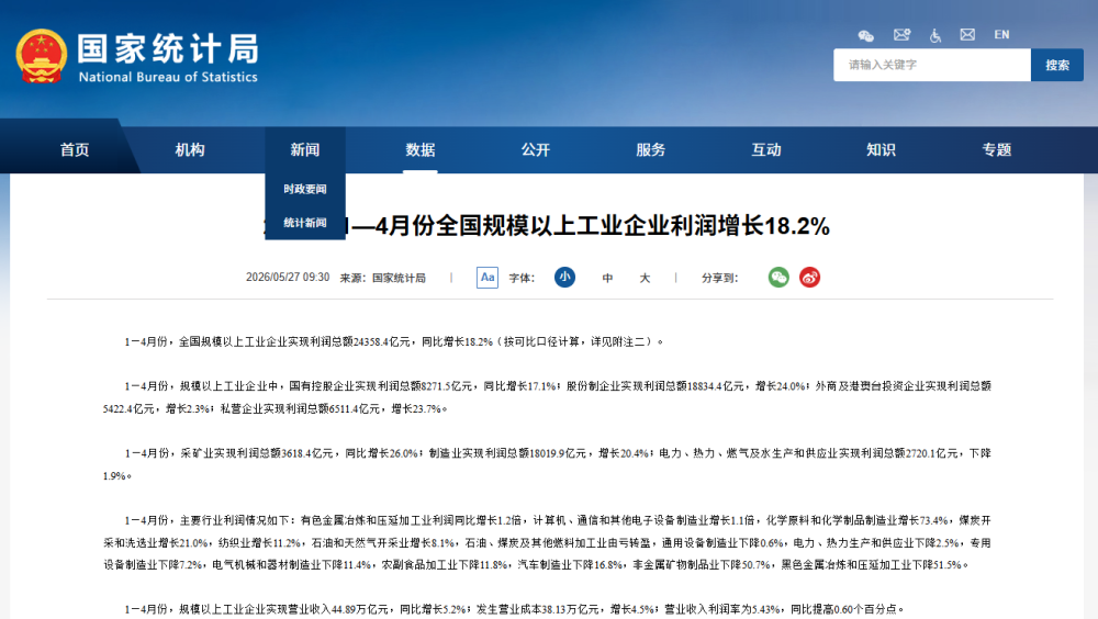 前4个月全国规模以上工业企业利润增长18.2%